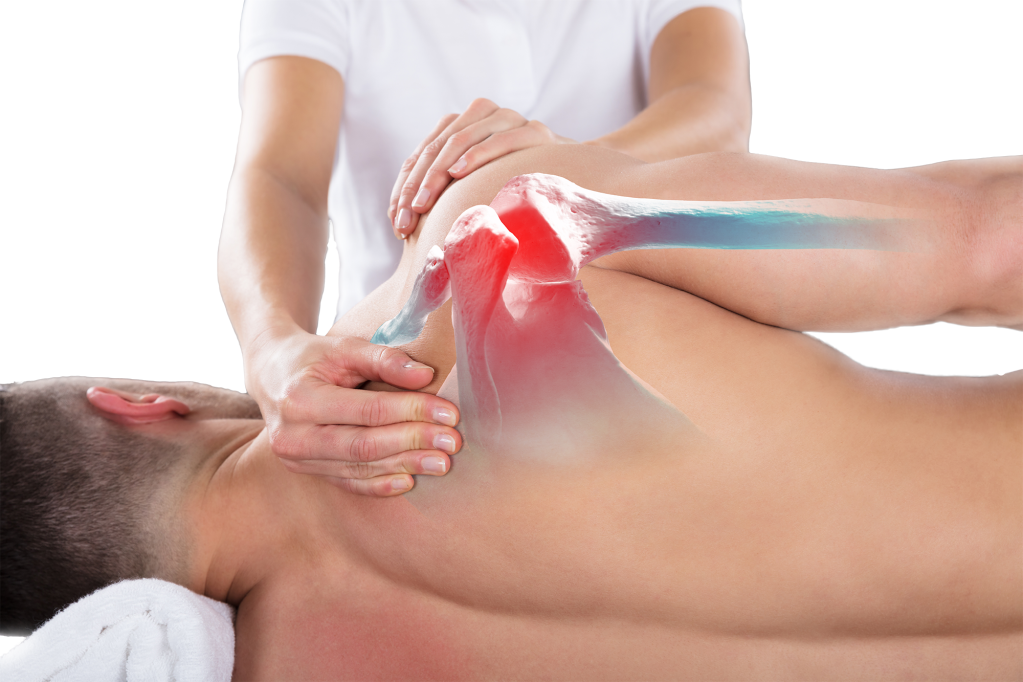 Osteopath assessing a patient's shoulder during treatment for shoulder pain